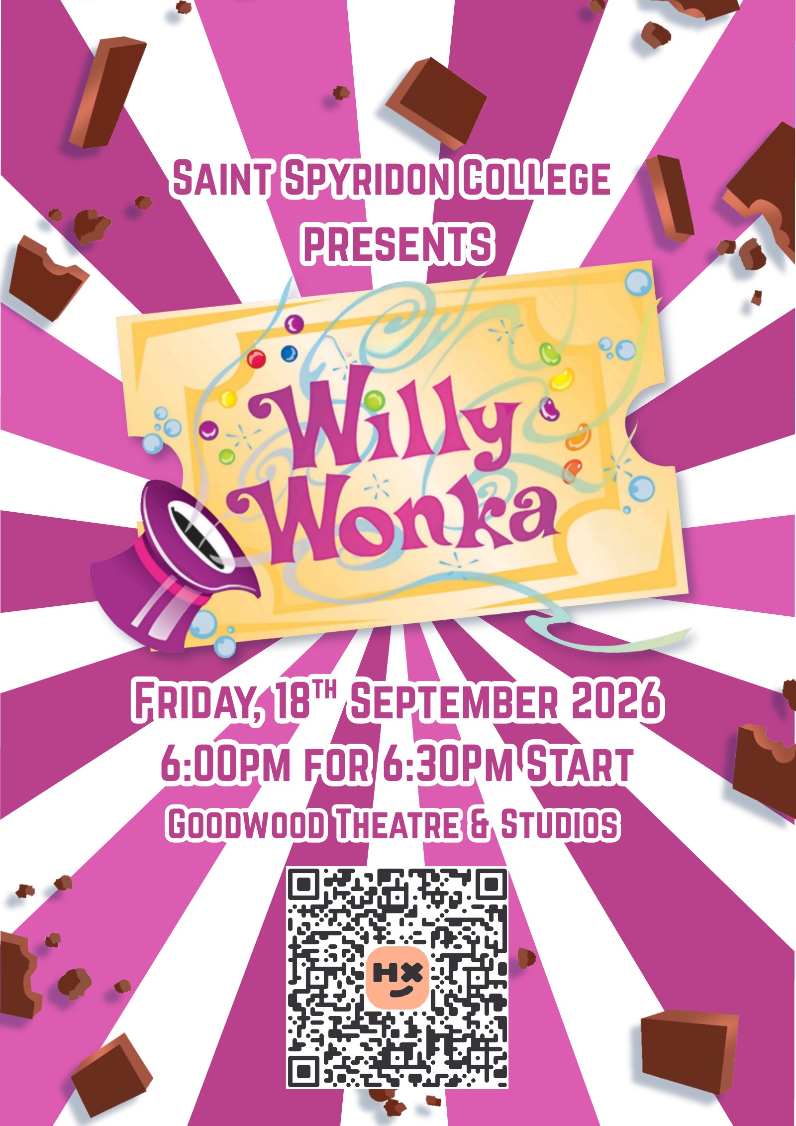 Saint Spyridon College presents Willy Wonka. Friday 18 September 2026, 6:00pm for a 6:30pm start, at Goodwood Theatre & Studios.